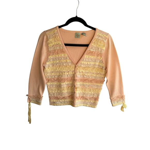 Anthropologie Sweaters - Anthropologie Vintage Boho Ruffle Lace Cardigan Knit Sweater Petite Rare Size M
